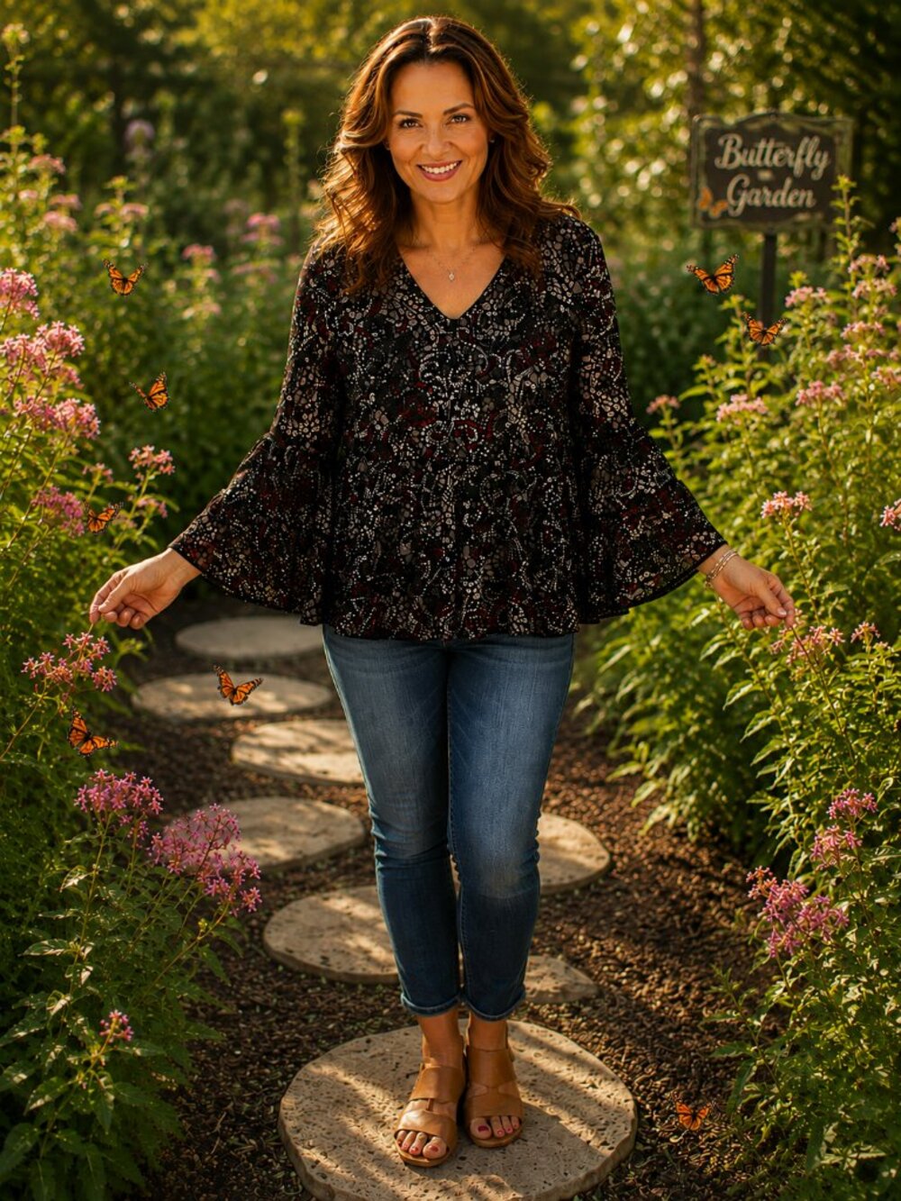 PERCEPTIONS New York 3/4 Flowy Slve V-Neck (2) Layer Hem & Stain Glass Blouse L